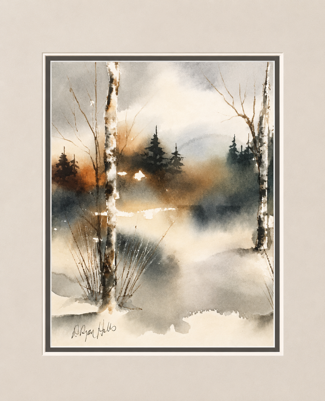 Birches in the Snowmist watercolour