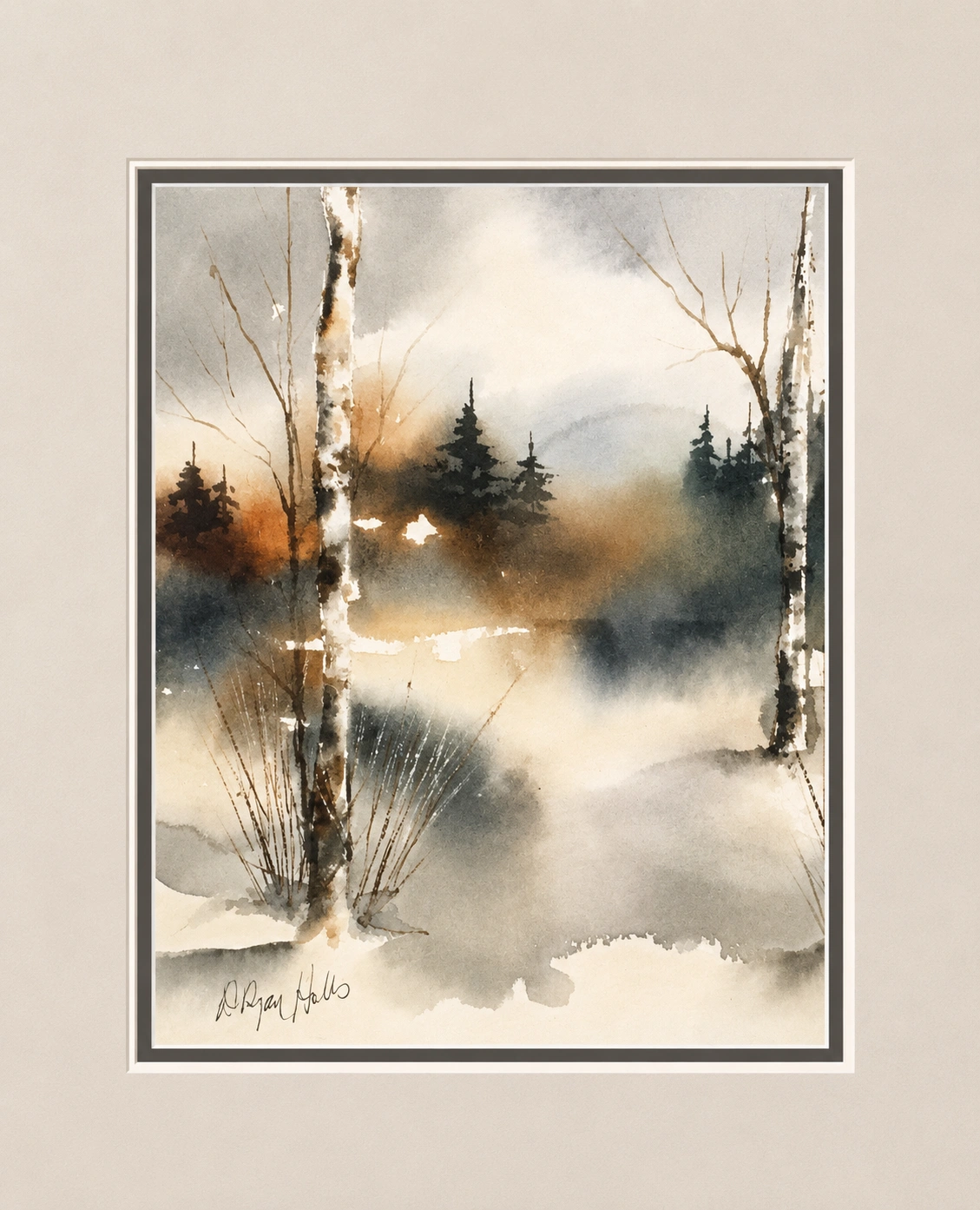 Birches in the Snowmist watercolour